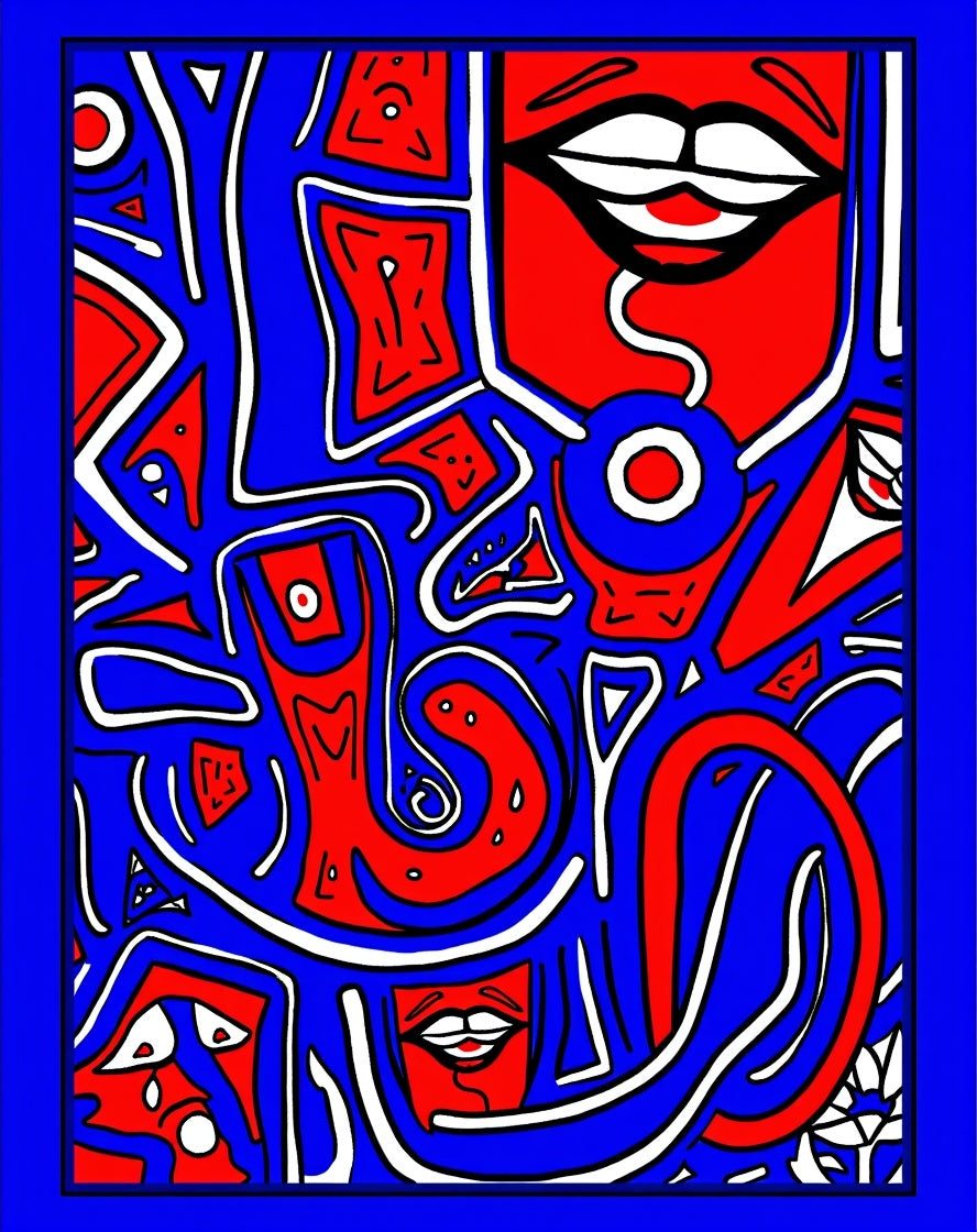Bold Red Blue Abstract Jumbled Faces Rug
