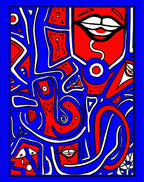 Bold Red Blue Abstract Jumbled Faces Rug