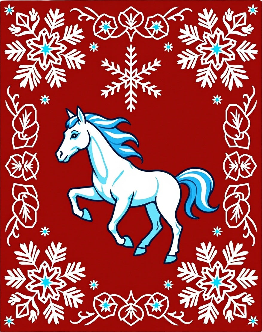 White Horse with Blue Mane Snowflakes Red Rug