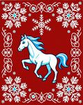 White Horse with Blue Mane Snowflakes Red Rug