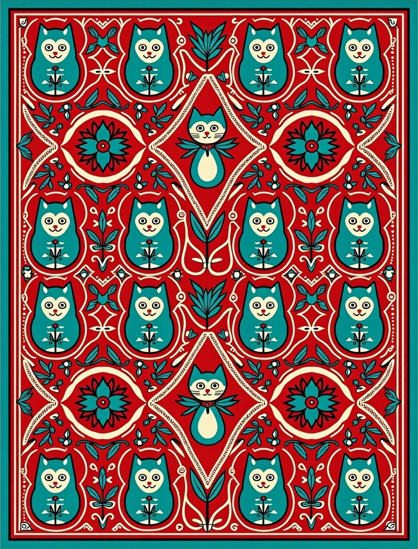 Red Teal Folk Art Cat Medallion Rug