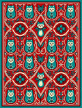 Red Teal Folk Art Cat Medallion Rug