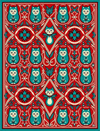 Red Teal Folk Art Cat Medallion Rug