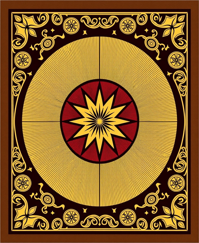 Crimson Yellow Sunburst Medallion Frame Rug