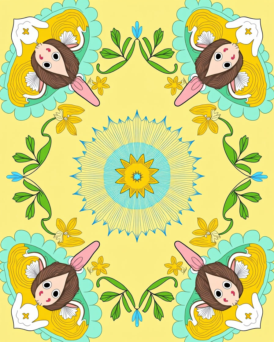 Yellow Cartoon Character Floral Rug