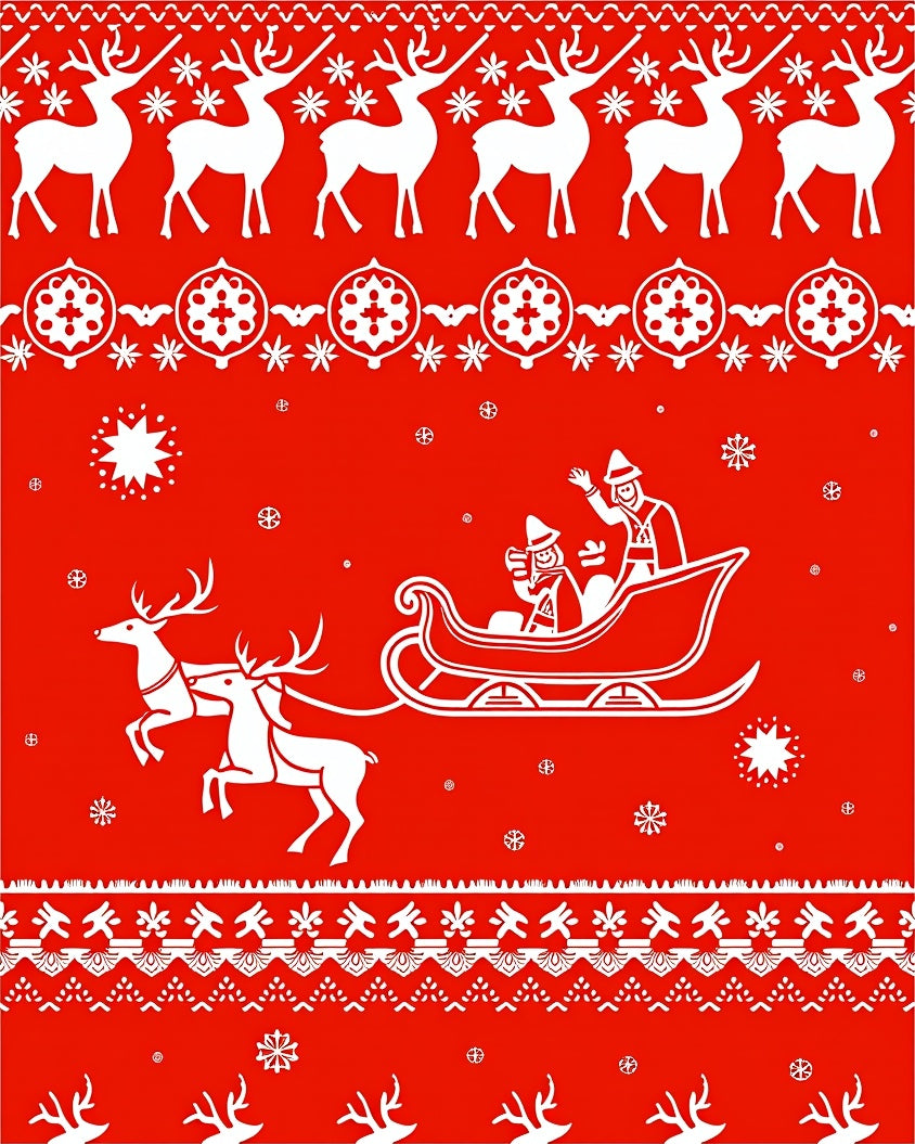 Red Festive Reindeer Sleigh Snowflakes Rug