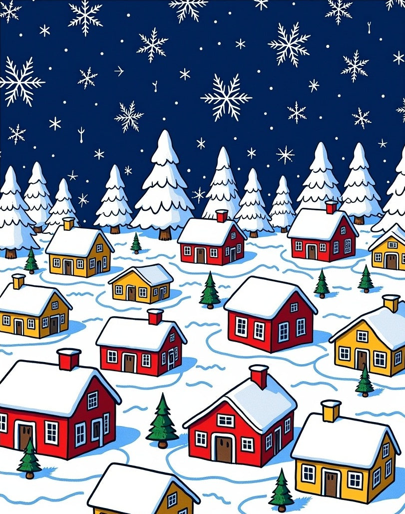 Winter Village Snowflakes Red Yellow Houses Rug
