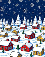 Winter Village Snowflakes Red Yellow Houses Rug