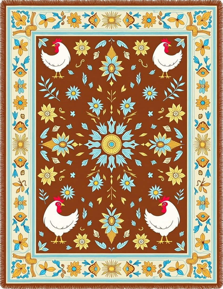 Brown Floral Chicken Folk Art Rug
