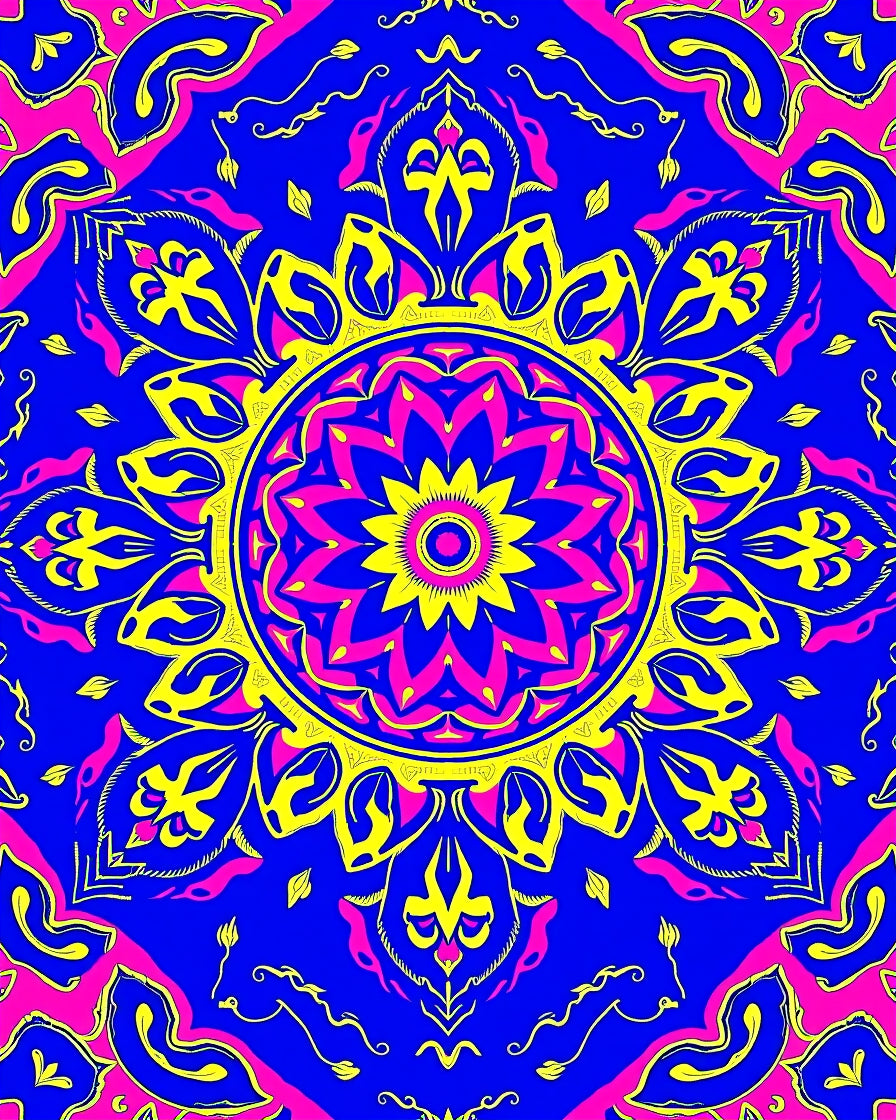 Vibrant Pink Yellow Blue Mandala Rug