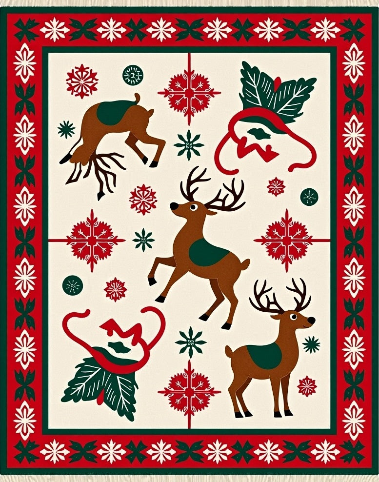 Christmas Reindeer Snowflakes Red Green Rug