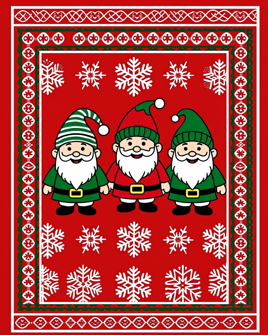 Festive Red Gnomes Snowflake Border Rug