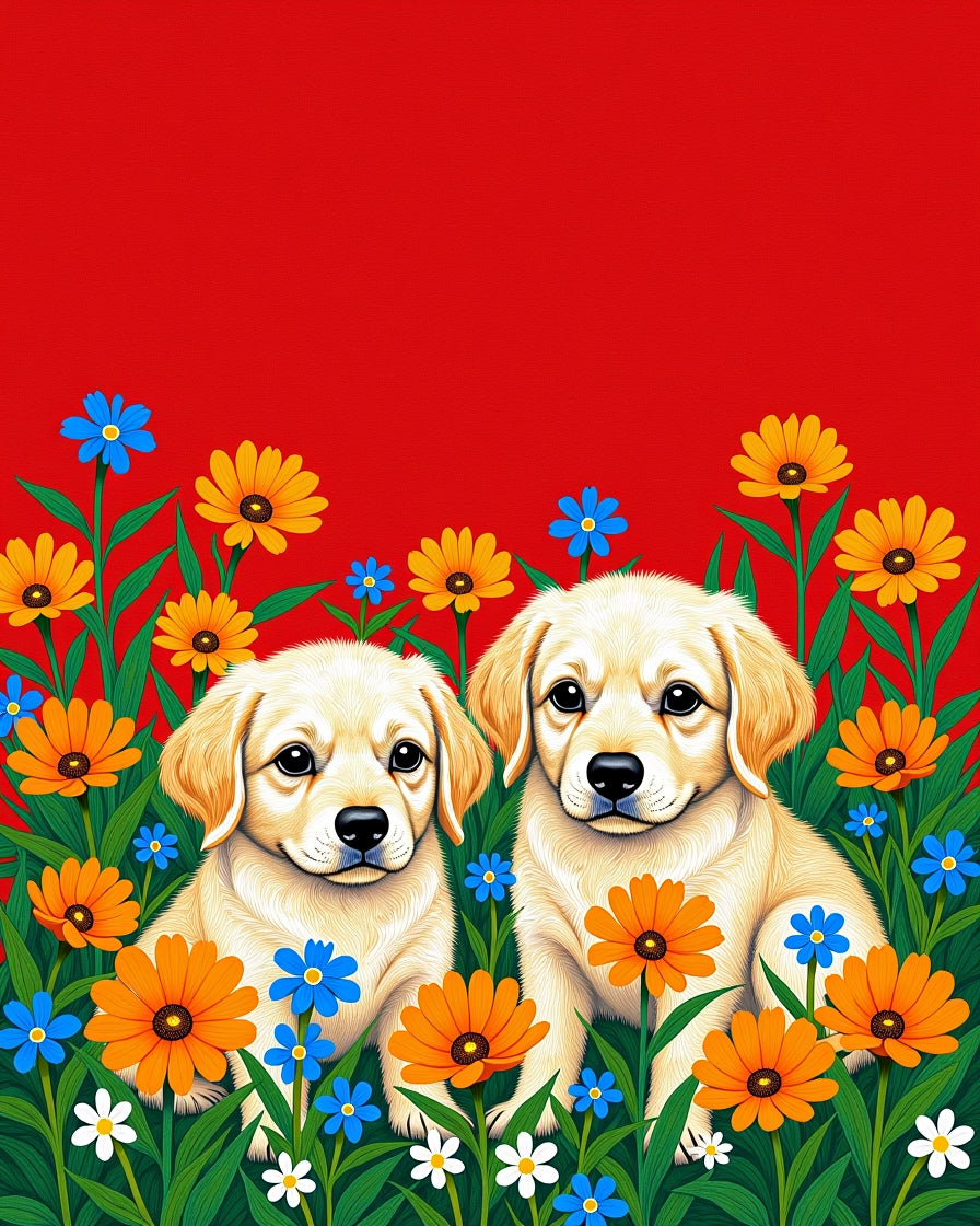 Golden Puppies Amongst Bright Flowers Rug