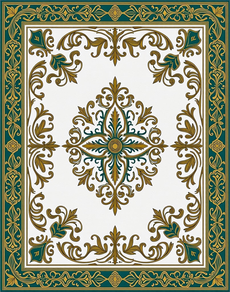 Elegant Teal Gold Medallion Border Rug