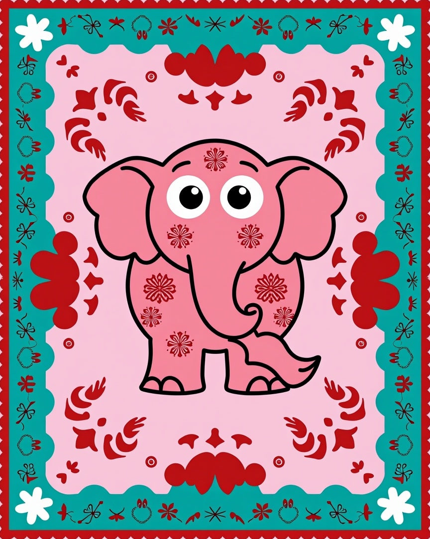Pink Elephant Floral Border Rug