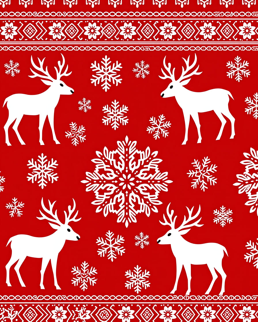 Bold Red White Reindeer Snowflake Festive Rug