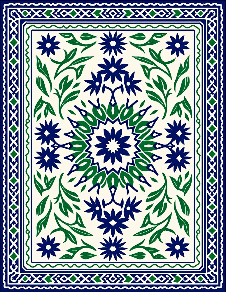 Navy Green Floral Medallion Border Rug