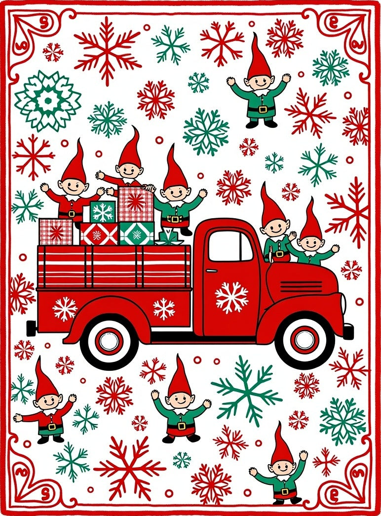 Red Truck Elves Snowflakes Christmas Rug