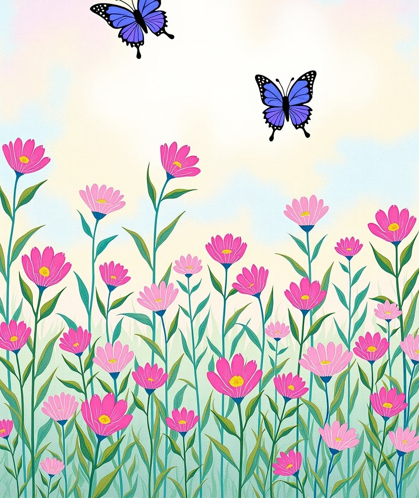Whimsical Pink Floral Meadow Butterfly Rug
