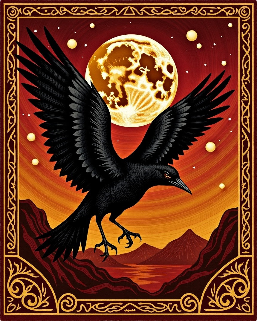 Crimson Crow Lunar Landscape Tapestry Rug
