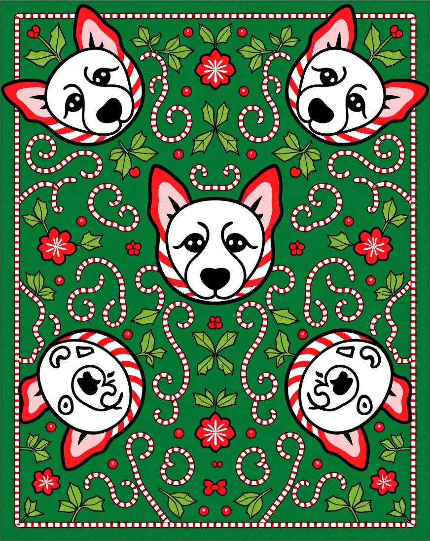 Festive Green Dog Candy Cane Collage Rug