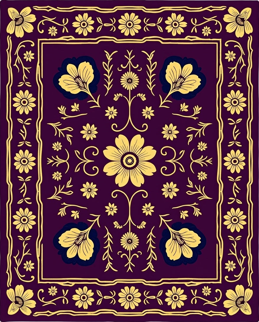 Deep Plum Yellow Floral Medallion Rug