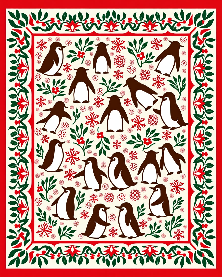 Festive Penguin Holiday Border Rug
