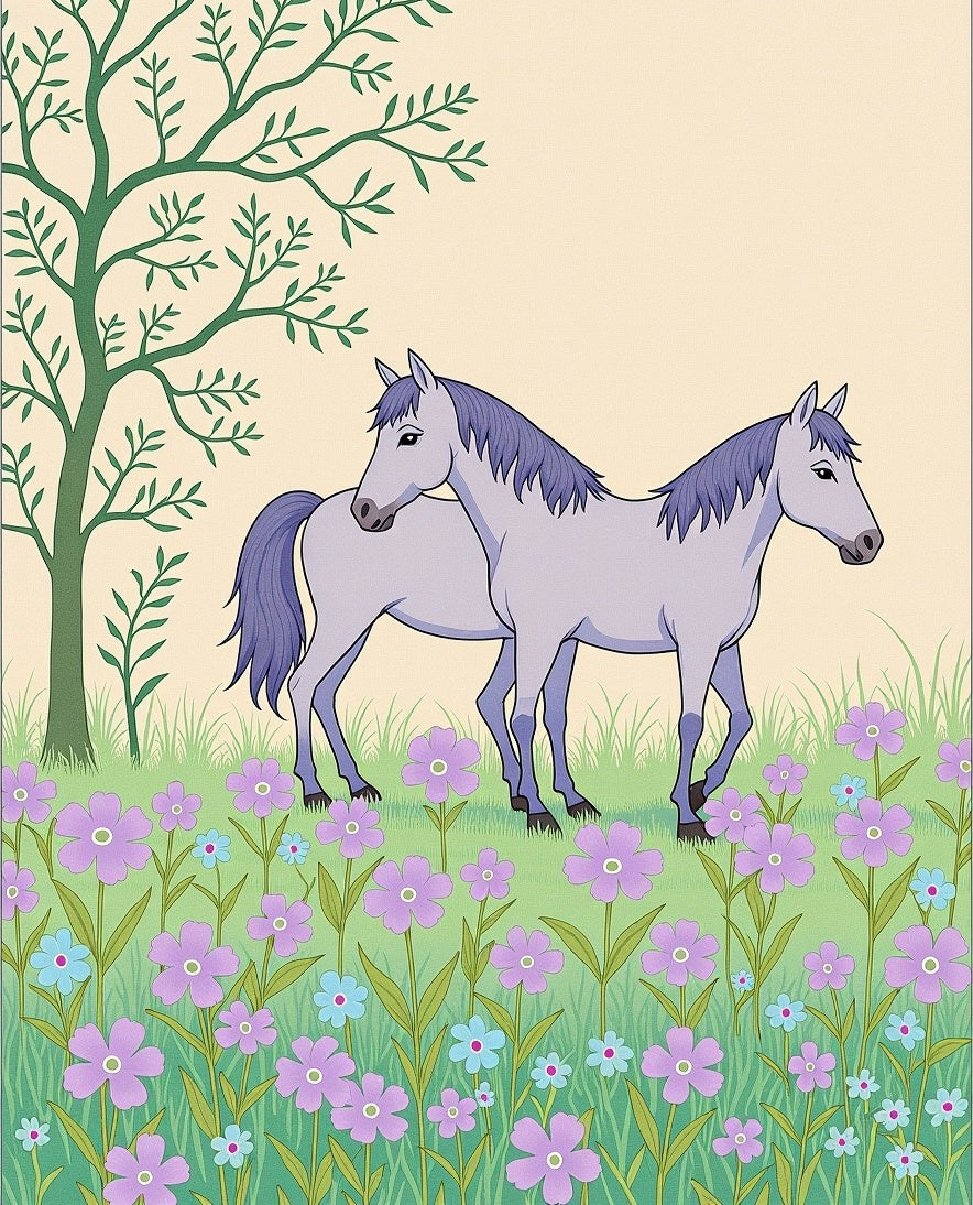Two Horses Meadow Floral Field Rug
