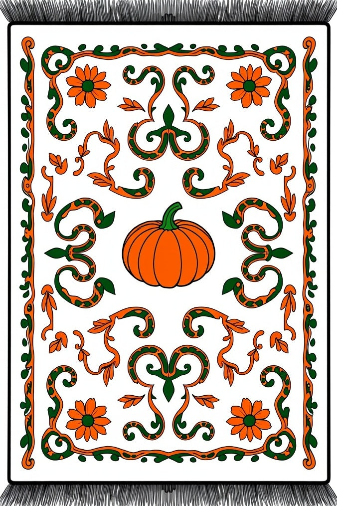 Orange Pumpkin Floral Vineyard Scroll Rug