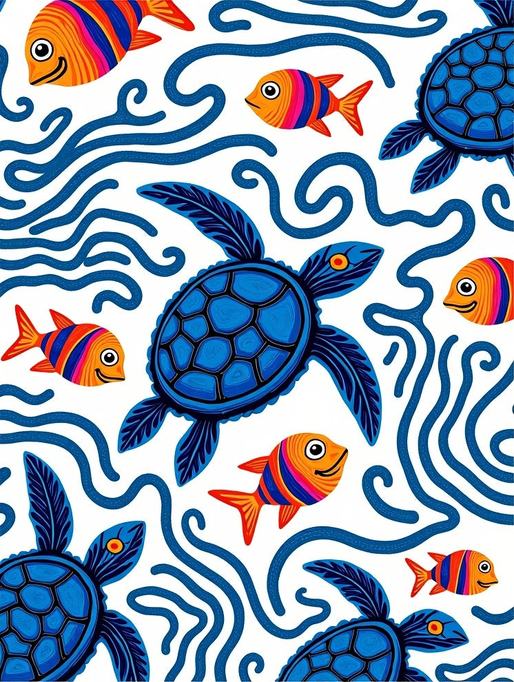 Blue Turtles Orange Striped Fish Rug