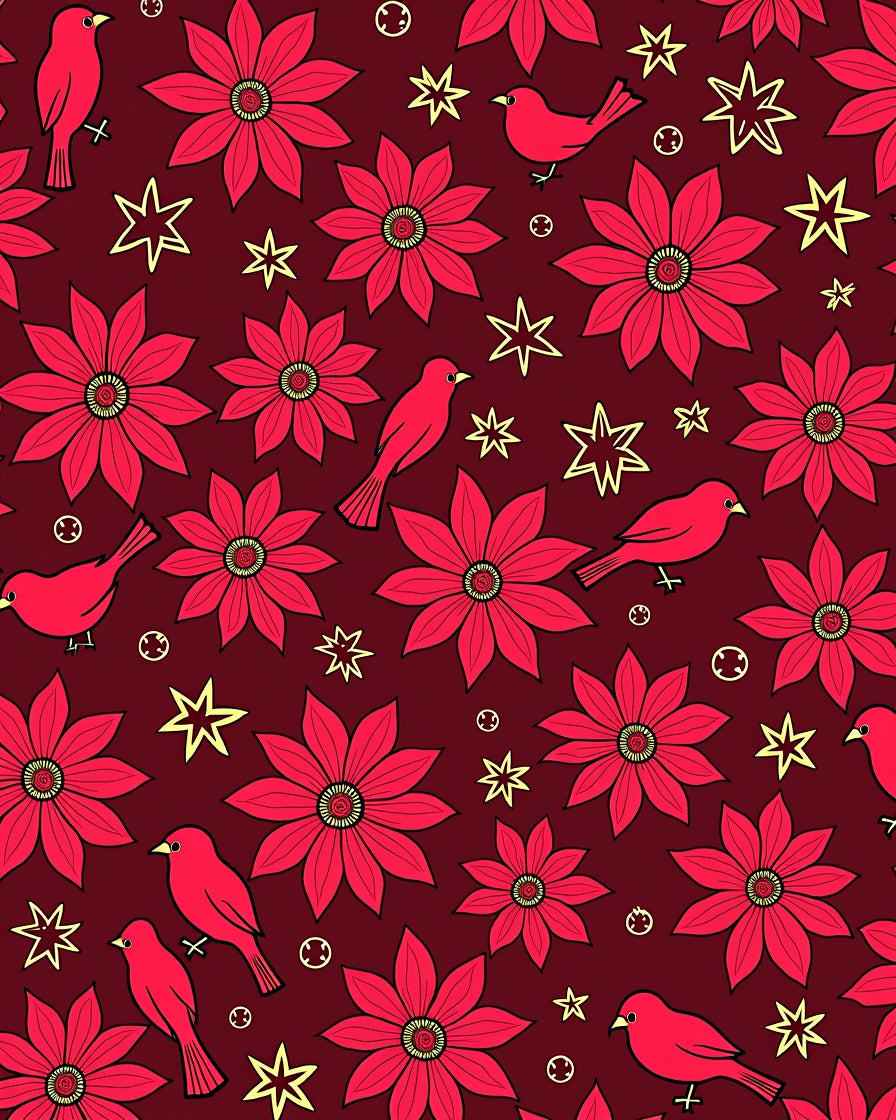 Crimson Floral Bird Whimsical Star Rug