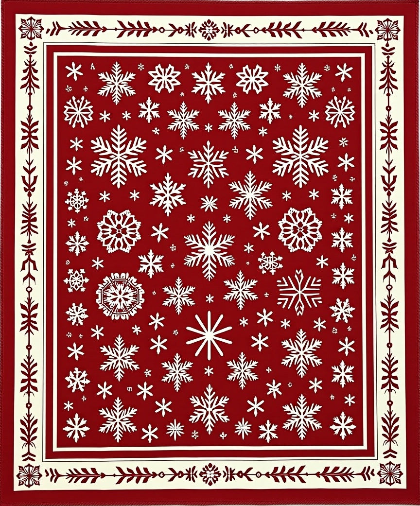 Crimson Snowflakes Bordered Festive Rug