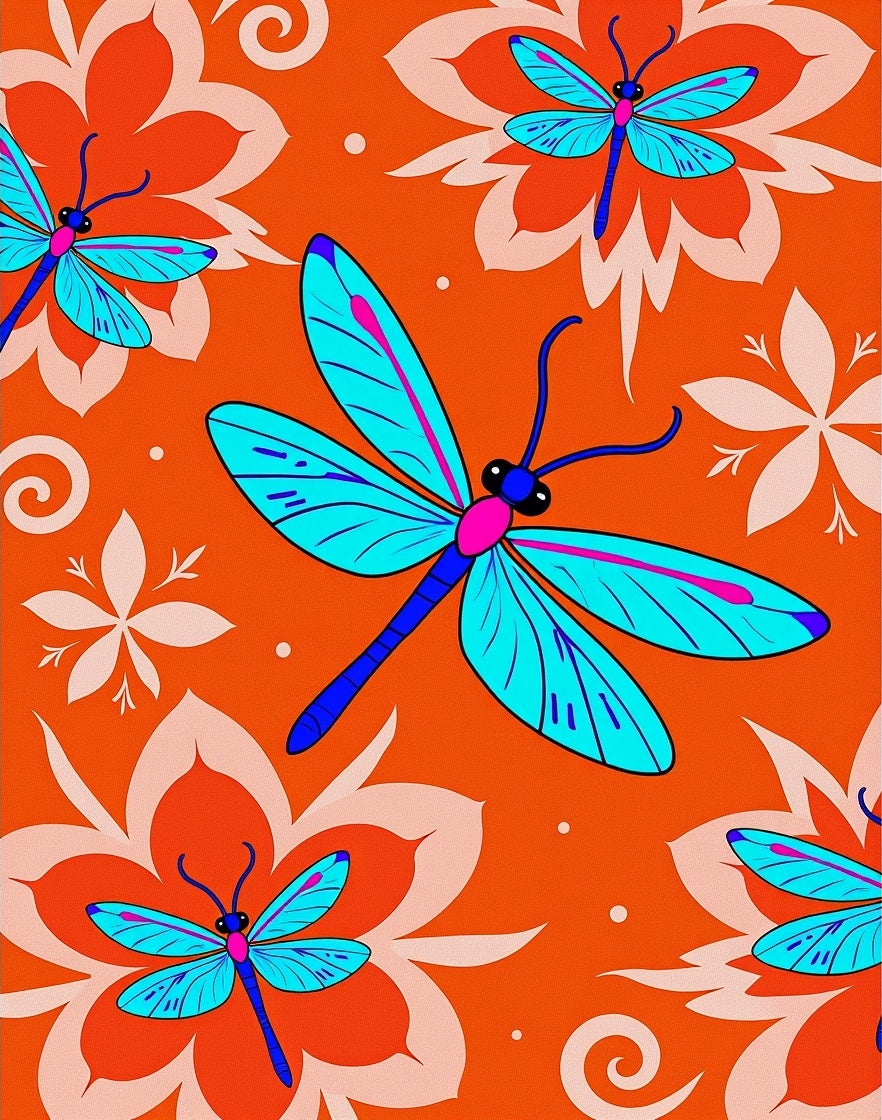 Bright Orange Dragonfly Floral Whimsy Rug