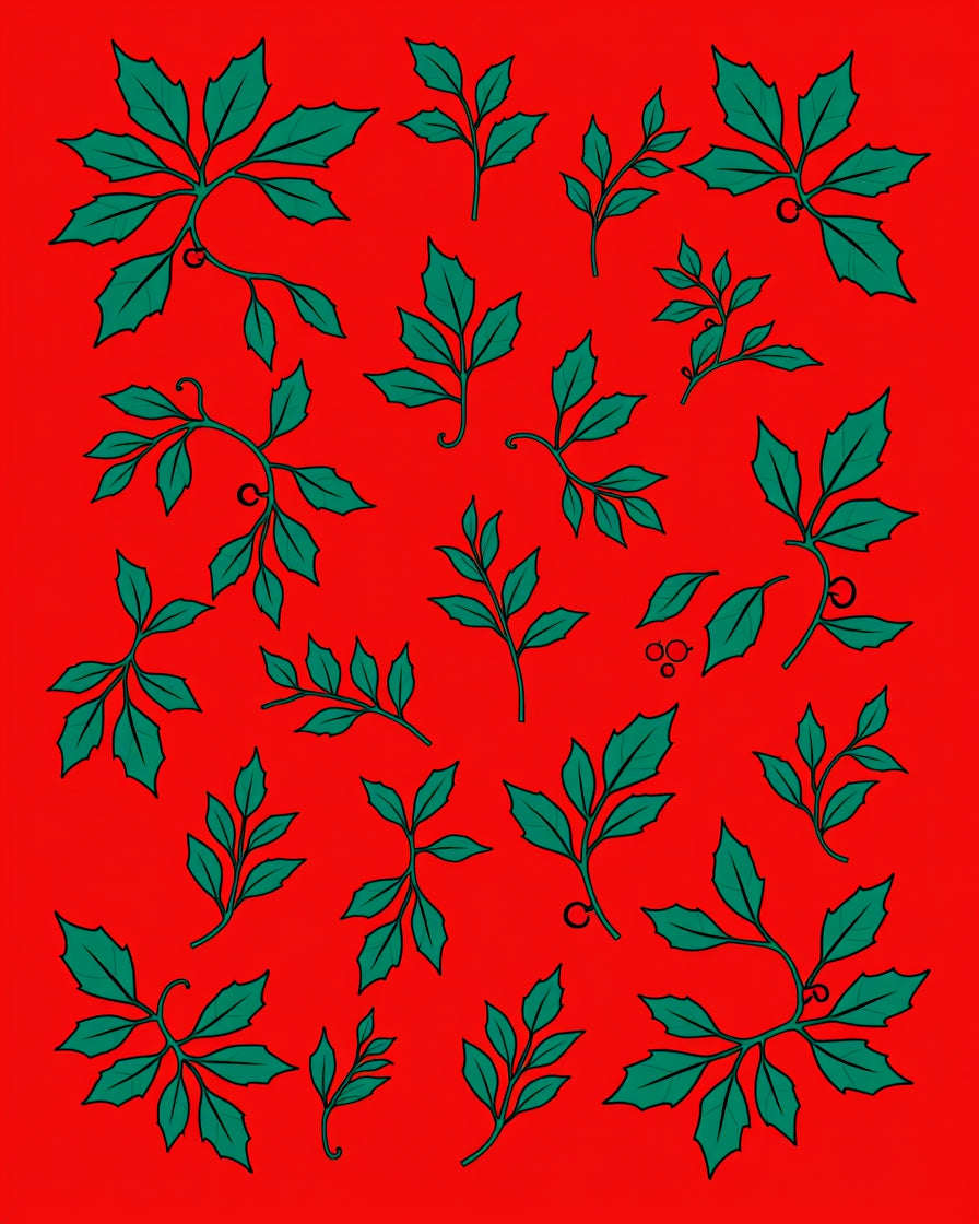 Crimson Green Leafy Branches Botanical Rug