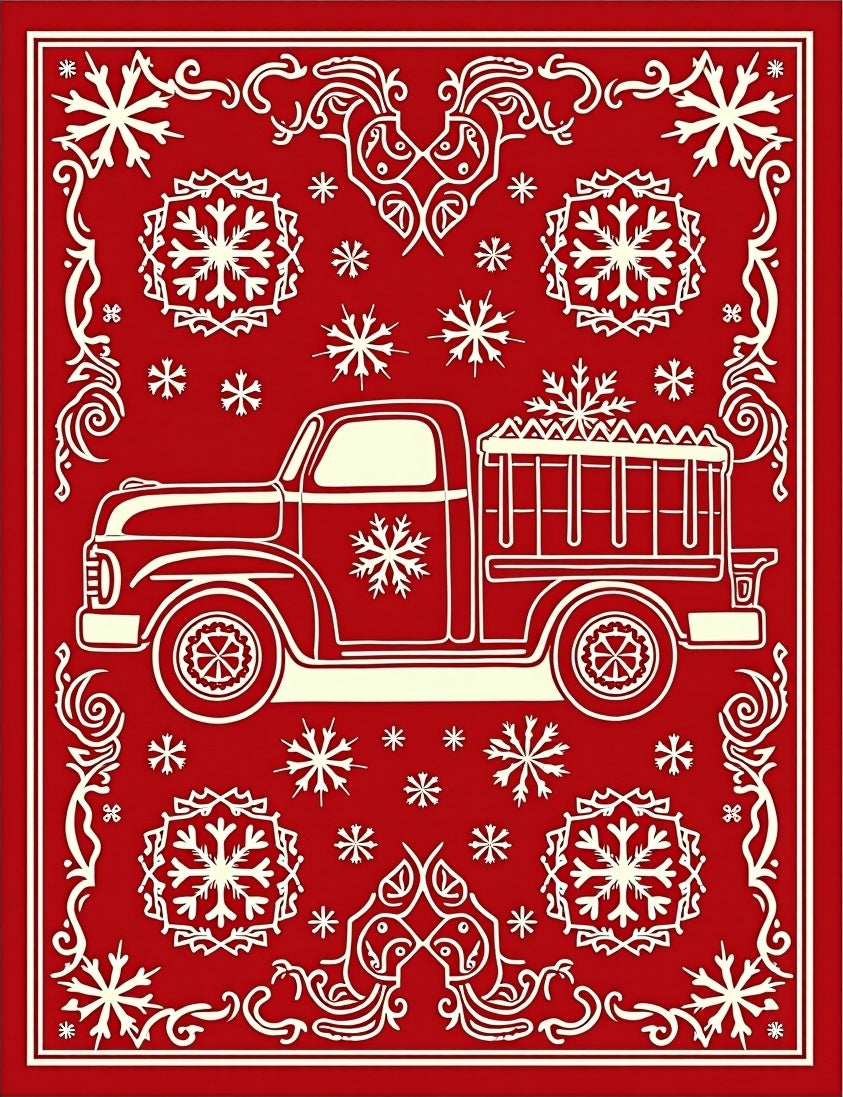 Retro Red Truck Snowflake Medallion Rug