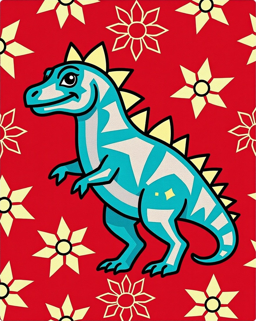Bright Red Teal Dinosaur Floral Rug