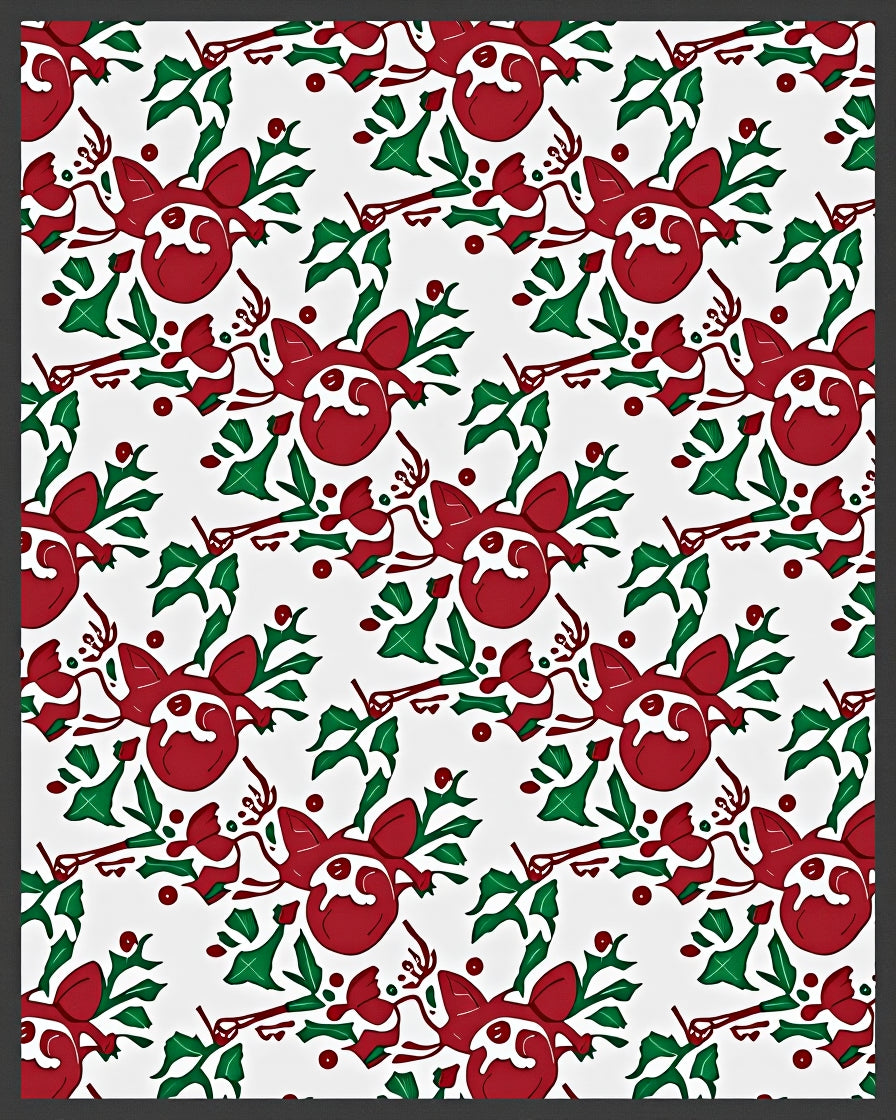 Red Reindeer Holly Leaf Swirl Rug