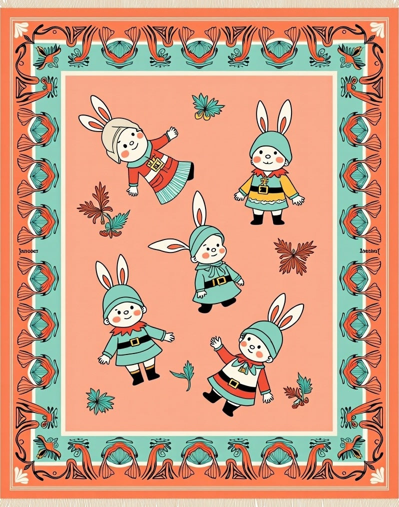 Playful Bunny Folk Orange Teal Rug