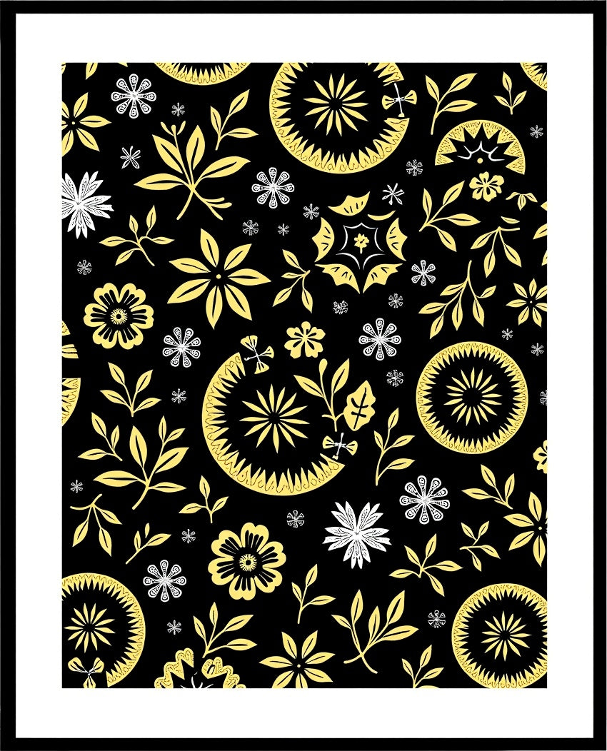 Golden Whimsical Floral Leaf Medallion Rug