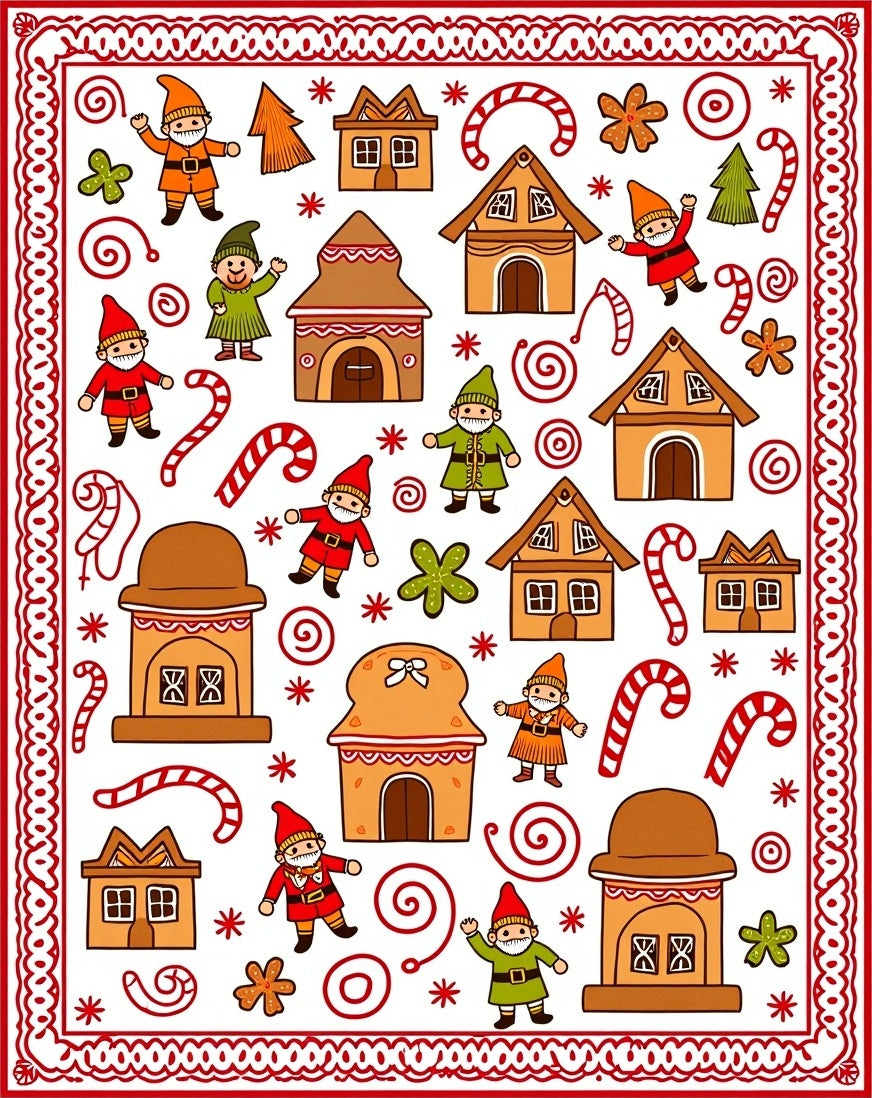 Cheerful Gingerbread Village Gnomes Candy Canes Rug
