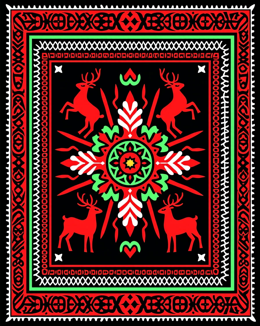 Red Deer Green Crimson Folk Art Rug