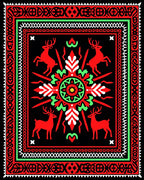 Red Deer Green Crimson Folk Art Rug