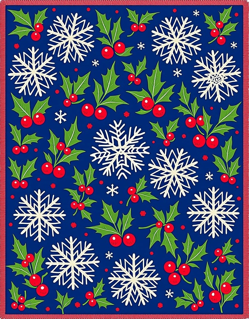 Winter Holly Snowflakes Blue Red Rug