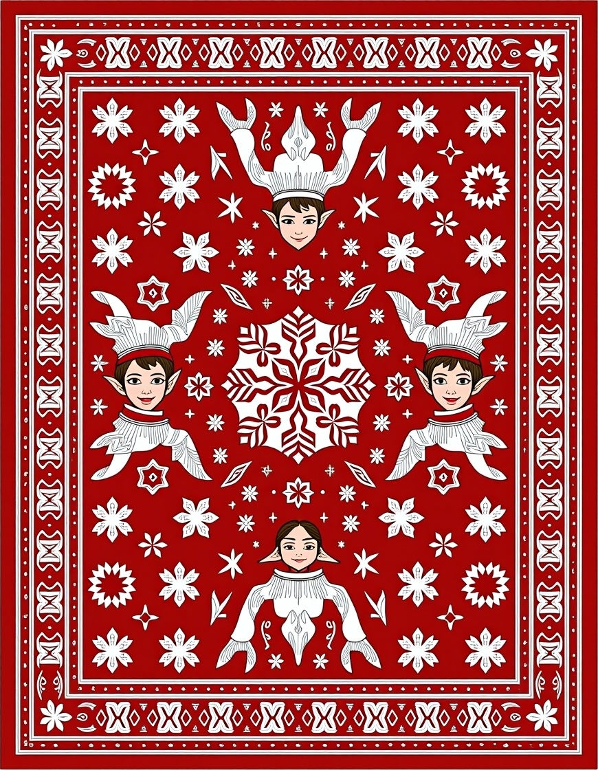 Red Festive Elf Folk Snowflake Rug
