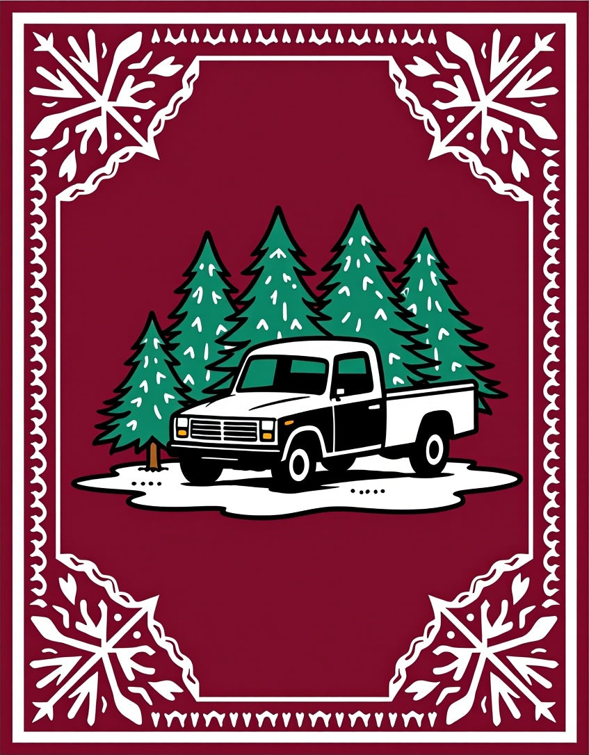 Vintage Burgundy Truck Evergreen Forest Rug
