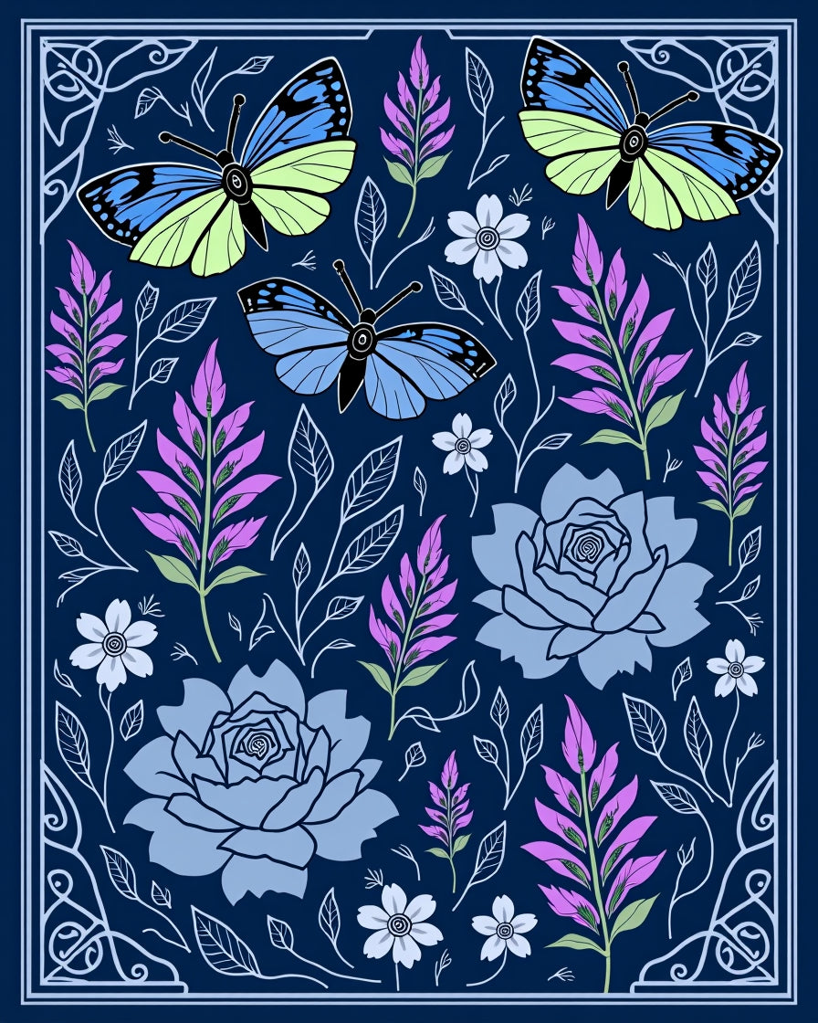 Whimsical Blue Butterfly Floral Garden Rug