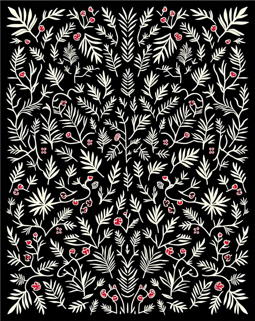 Black Cream Red Foliage All-over Rug