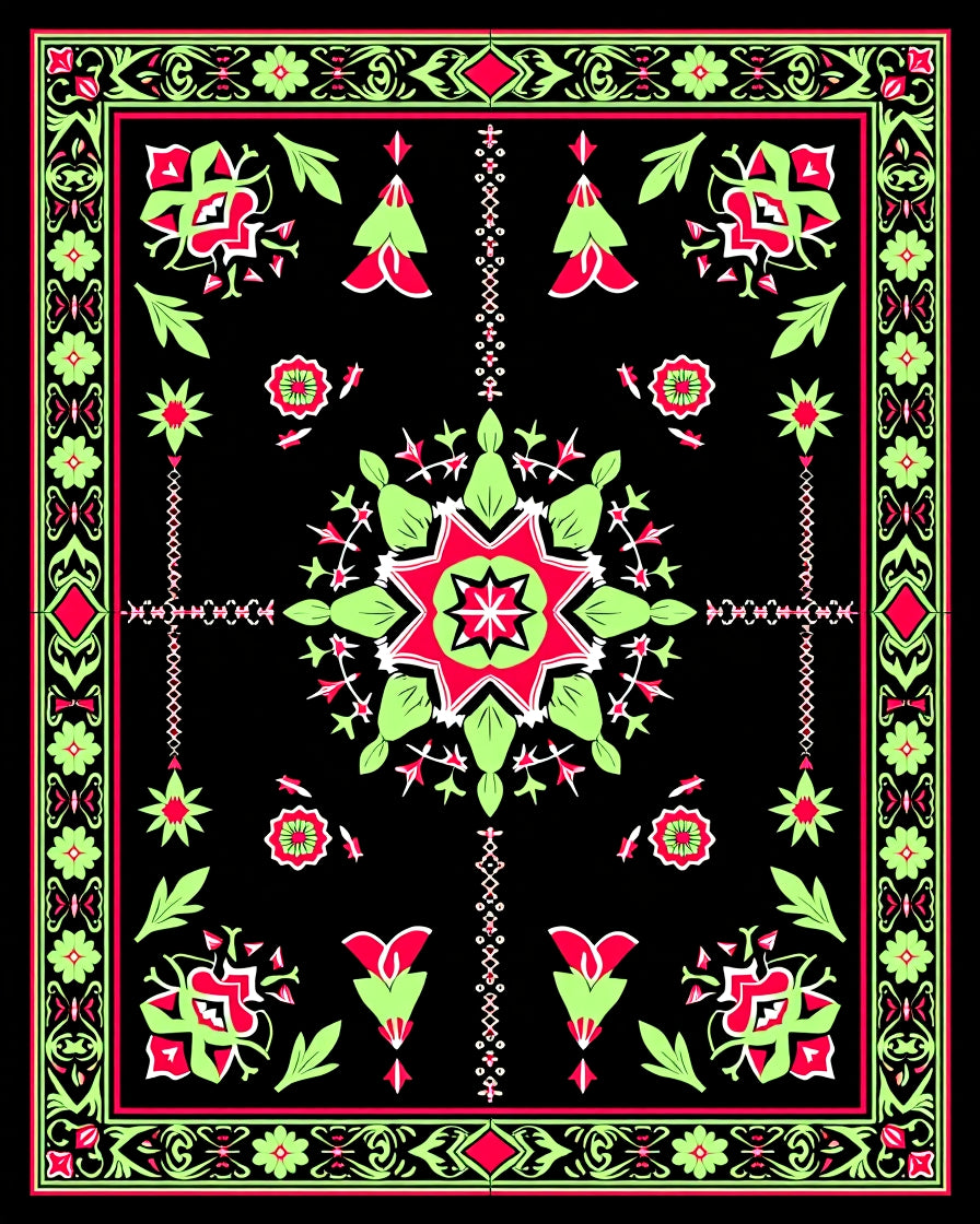 Vibrant Black Floral Medallion Rug
