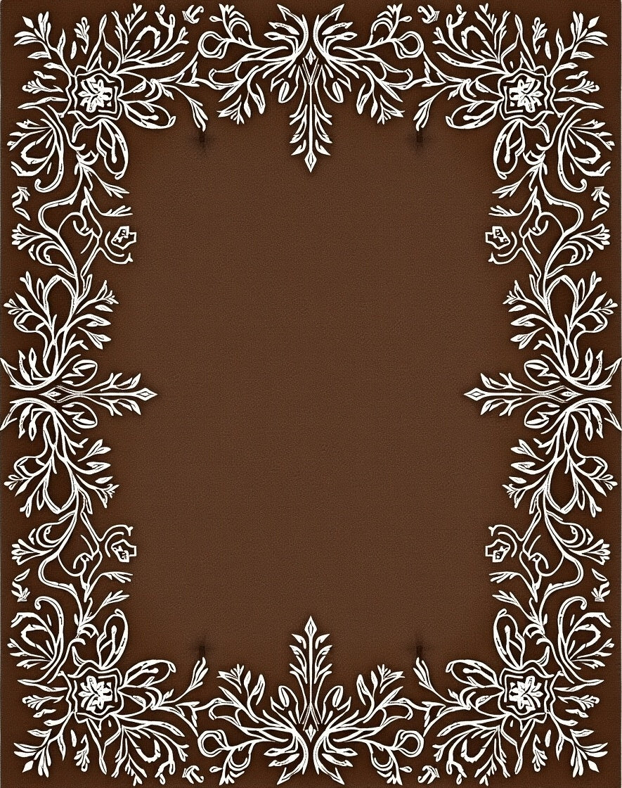 White Floral Scrollwork on Brown Background Rug