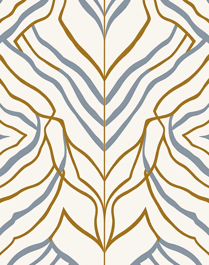 Golden Ochre Blue Curving Leaf Rug